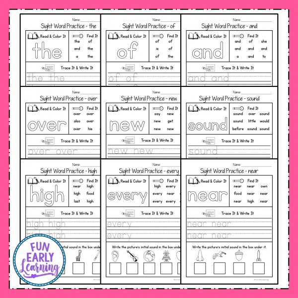 Sight Words Kindergarten and Preschool Printables! Fun Sight Word Practice Activities and Worksheets for at home and in school. Great for teaching Fry's List. #sightwords #printables #funearlylearning