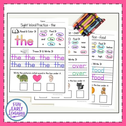 Sight Words Kindergarten and Preschool Printables! Fun Sight Word Practice Activities and Worksheets for at home and in school. Great for teaching Fry's List.