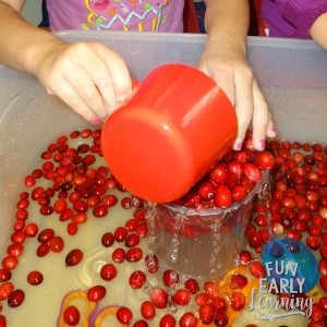 Cranberry Sensory Bin activity! Fun play activity for building fine motor skills and learning about measuring. Perfect for toddlers, preschool, and kindergarten! #cranberrysensorybin #sensoryplay #funearlylearning