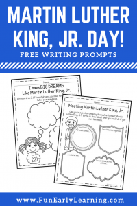 Martin Luther King, Jr. Activities for Kids! Free writing prompts for preschool and kindergarten. #martinlutherkingjr #freeprintable #funearlylearning