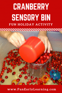 Cranberry Sensory Bin activity! Fun play activity for building fine motor skills and learning about measuring. Perfect for toddlers, preschool, and kindergarten! #cranberrysensorybin #sensoryplay #funearlylearning