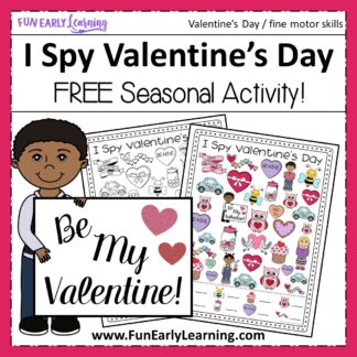 I Spy Valentine's Day free holiday printable! Fun activity for Valentine's Day and early math skills as children work on counting and matching. Great for preschool and kindergarten! #valentinesday #funearlylearning