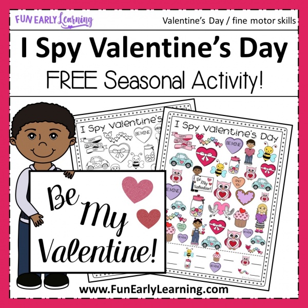 I Spy Valentine's Day free holiday printable! Fun activity for Valentine's Day and early math skills as children work on counting and matching. Great for preschool and kindergarten! #valentinesday #funearlylearning