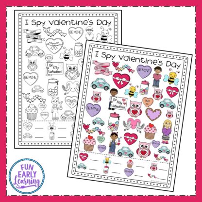 I Spy Valentine's Day free holiday printable! Fun activity for Valentine's Day and early math skills as children work on counting and matching. Great for preschool and kindergarten! #valentinesday #funearlylearning