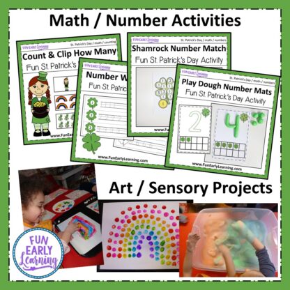St. Patrick's Day Bundle for Letters, Phonics, Blends, Numbers, Math and More activities! These activities are great for preschool and kindergarten. Enjoy literacy centers, math centers, art projects, sensory bin and more! #stpatricksday #funearlylearning