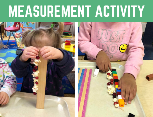 Popcorn and Cranberry Stringing Measurement Activity for Preschool and Kindergarten. Fun math activity for learning measurement, counting, and fine motor skills! #mathcenter #measurement #funearlylearning