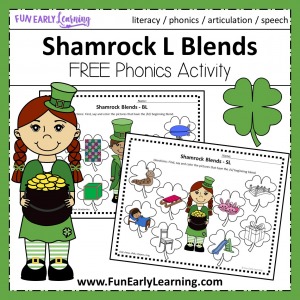 Free Shamrock L Blends Phonics Activity. Fun free printable for learning phonics, blends, articulation and speech. Great for preschool, kindergarten, prek and speech therapy.