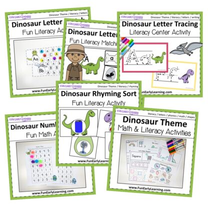 Dinosaur Theme Bundle! Fun literacy and math activities and no prep worksheets for preschool and kindergarten. Everything you need in one fun bundle! #dinosaurtheme #funearlylearning