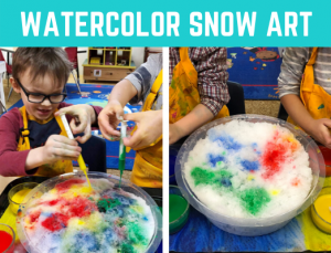 Watercolor Snow Painting kid's art project! Fun and easy kid's craft for winter. Great sensory activity for preschool and kindergarten. #kidscraft #sensory #funearlylearning