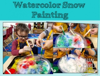Watercolor Snow Painting! Fun and easy art project and sensory bin for kids. Learn how easy it is to make this kids craft! Great activity for preschool and kindergarten. #kidscraft #sensorybin #funearlylearning