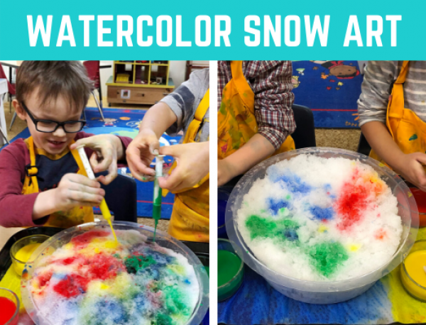 Watercolor Snow Painting kid's art project! Fun and easy kid's craft for winter. Great sensory activity for preschool and kindergarten. #kidscraft #sensory #funearlylearning