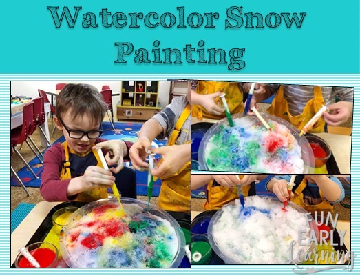 Watercolor Snow Painting! Fun and easy art project and sensory bin for kids. Learn how easy it is to make this kids craft! Great activity for preschool and kindergarten. #kidscraft #sensorybin #funearlylearning