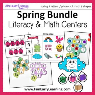 Fun spring literacy and math centers for kids! These activities are perfect for preschool and kindergarten students learning fine motor activities, counting games, phonics, alphabet activities and more!