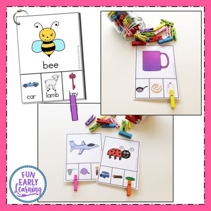 Rhyming Clip Cards Literacy Activity. Fun rhyming activities for preschool and kindergarten. Great printables to learn rhymes and phonological awareness at home or in school for table time, circle time, or small groups.