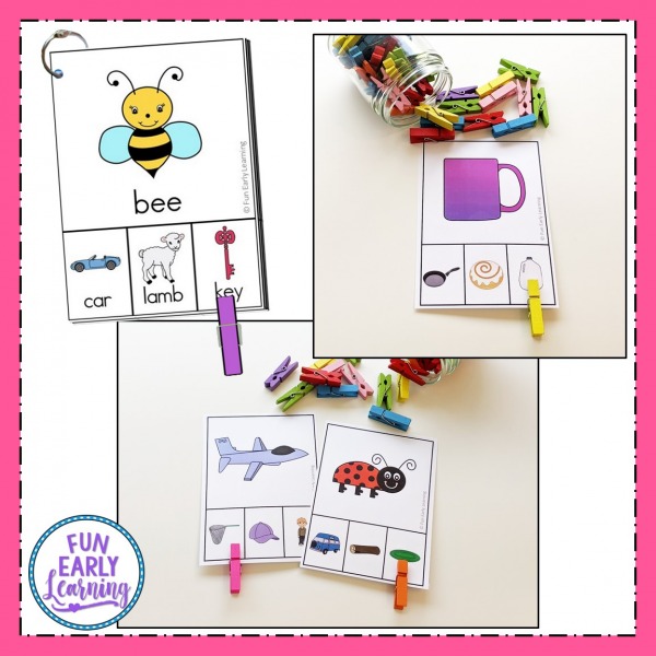 Rhyming Clip Cards Literacy Activity. Fun rhyming activities for preschool and kindergarten. Great printables to learn rhymes and phonological awareness at home or in school for table time, circle time, or small groups.