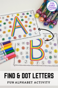 Fun Alphabet Activities for preschool and kindergarten! Find and Dot Matching Letters is a free printable for learning letter recognition. #freeprintable #alphabetactivities #funearlylearning