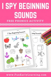 I Spy Beginning Sounds Phonics Activity. Fun free printable for prek, preschool, and kindergarten. It's a great way to work on initial sounds, phonics, and letter sound correspondence.