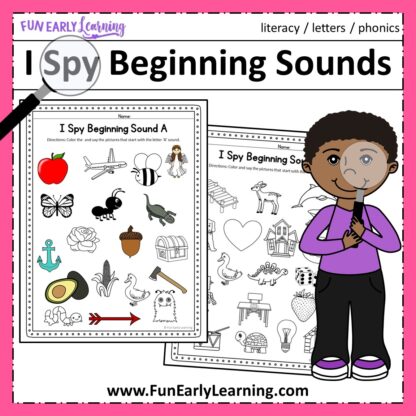 I Spy Beginning Sounds Phonics Activity. Fun free printable for prek, preschool, and kindergarten. It's a great way to work on initial sounds, phonics, and letter sound correspondence.