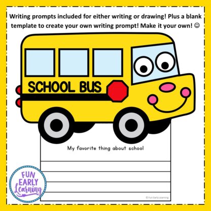 Cute Back to School Bus Craft! Perfect for kids, prechoolers, kindergarteners and elementary. Easy cut and paste craft with writing prompts. #backtoschool #writingactivity #funearlylearning