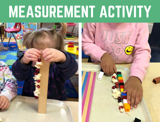 Fun measurement activity for preschool and kindergarten! Learn counting, measuring, and fine motor skills while strining popcorn and cranberries! #measurement #mathcenter #funearlylearning