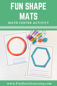 Shape Mats math activity for preschool and kindergarten. Great printable for learning to draw shapes and write. #shapeactivity #mathcenter #funearlylearning
