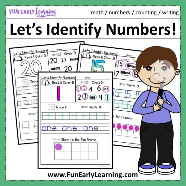 Let's Identify Numbers Activity for Preschool and Kindergarten! Fun printables for kids! Teach number identification, number recognition, counting, and writing.
