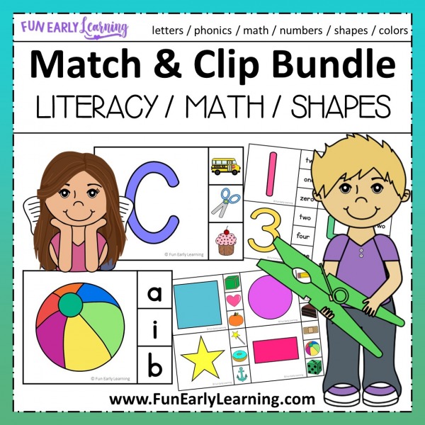 Fun Match and Clip Bundle for learning letters, phonics, numbers, counting, shapes, and colors! Perfect math centers for preschool, prek, kindergarten, and homeschool.