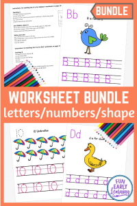 Letters, Numbers & Shapes Worksheets with Guided Lessons Bundle. Fun no prep printable for kindergarten and preschool. Great for teaching handwriting, math, numbers, letters, and shapes.