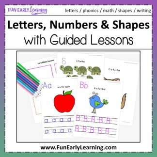 Letters, Numbers & Shapes Worksheets with Guided Lessons Bundle. Fun writing practice with alphabet activities, beginning sounds, number activities, and shape activities for preschool and kindergarten.
