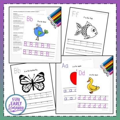 Letters, Numbers & Shapes Worksheets with Guided Lessons Bundle. Fun writing practice with alphabet activities, beginning sounds, number activities, and shape activities for preschool and kindergarten.