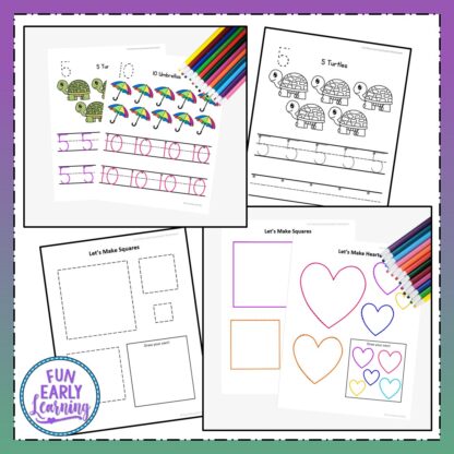 Letters, Numbers & Shapes Worksheets with Guided Lessons Bundle. Fun writing practice with alphabet activities, beginning sounds, number activities, and shape activities for preschool and kindergarten.