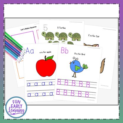 Letters, Numbers & Shapes Worksheets with Guided Lessons Bundle. Fun writing practice with alphabet activities, beginning sounds, number activities, and shape activities for preschool and kindergarten.