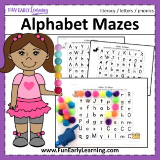 Fun Alphabet Mazes Printable for Preschool and Kindergarten! Includes color and blackline for an alphabet maze printable or an alphabet maze worksheet. Great way to learn letter identification and work on fine motor skills!