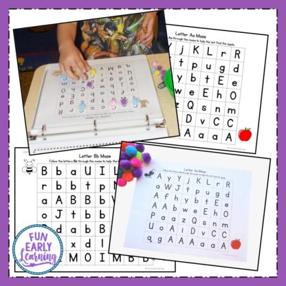 Fun Alphabet Mazes Printable for Preschool and Kindergarten! Includes color and blackline for an alphabet maze printable or an alphabet maze worksheet. Great way to learn letter identification and work on fine motor skills!