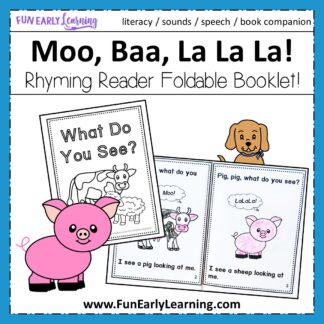 Moo, Baa, La La La FREE Book Companion Rhyming Reader Booklet. Perfect for learning rhyming, comprehension, language, literacy, and articulation skills! Great for preschool, kindergarten, and early childhood.