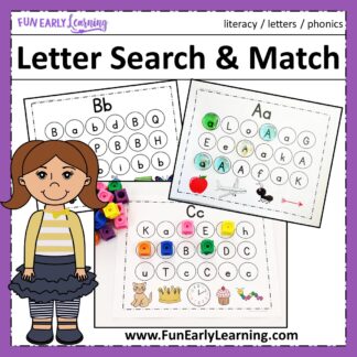 Letter Search and Match Alphabet Activity. Learn letters, phonics, and matching with this fun literacy center activity. Great for preschool, kindergarten, and RTI.