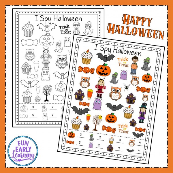 I Spy Halloween free printable! Great for kids in preschool and kindergarten to work on early math skills, counting, and matching! Use at home or in the classroom. #halloweenactivity #freeprintable