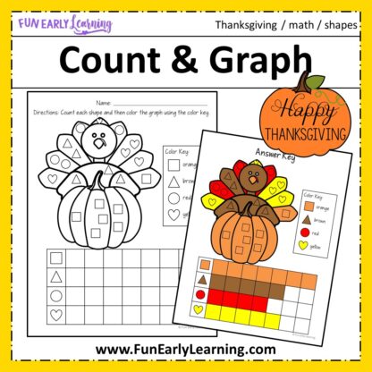 Thanksgiving Count and Graph free printable! Fun math activity for learning counting, matching, and shapes! Great math center and homeschool activity for preschool & kindergarten. #thanksgivingactivity # freeprintable #funearlylearning