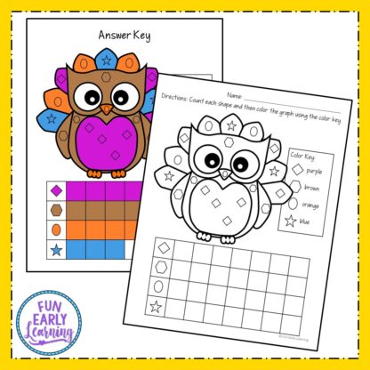 Thanksgiving Count and Graph free printable! Fun math activity for learning counting, matching, and shapes! Great math center and homeschool activity for preschool & kindergarten. #thanksgivingactivity # freeprintable #funearlylearning