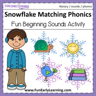 Snowflake Matching Beginning Sounds! Fun activity for learning initial sounds / phonemes in preschool and kindergarten. Great for at home or in school. #phonics #literacycenter #funearlylearning