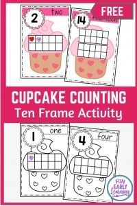 Valentine's Day Cupcake Counting with Ten Frames free printable! Fun free activity for preschool and kindergarten to learn number identification and counting. #freeprintable #valentinesday #funearlylearning