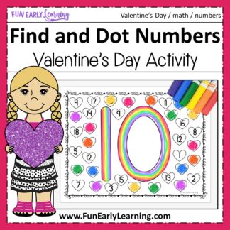 Fun math activities and free printable for preschool, pre k and kindergarten! Find and Dot Matching Valentine's Numbers activity for learning number identification and writing at home and in the classroom. #mathactivity #preschoolmath #funearlylearning