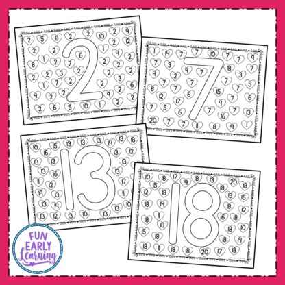 Fun math activities and free printable for preschool, pre k and kindergarten! Find and Dot Matching Valentine's Numbers activity for learning number identification and writing at home and in the classroom. #mathactivity #preschoolmath #funearlylearning