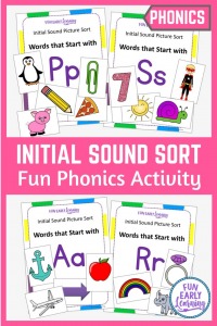 Beginning Sound Activity Initial Sound Picture Sort! Learn beginning sounds, phonics, and letter-sound correspondence with our fun hands-on activity! Great for preschool and kindergarten.