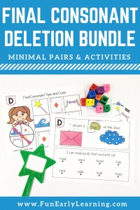 Teach Final Consonant Deletion with this fun, Final Consonant Deletion Bundle! This bunldle includes Final Consonant Deletion Minimal Pairs, activities for final consonant deletion, final consonant deletion worksheets, final consonant deletion games, and flashcards! Everything you need to teach final consonant deletion speech therapy!