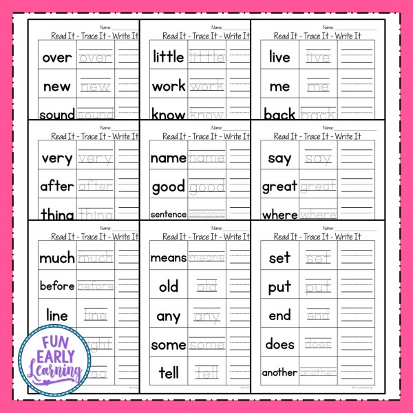 Sight Word Worksheets free kindergarten and preschool. Read It - Trace It - Write It Fry's Second 100 Sight Words worksheets free.