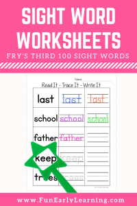 Read It - Trace It - Write It - Fry's Third 100 Sight Words Worksheets Free. Fun sight word worksheets free kindergarten and preschool. Simple no prep printable.