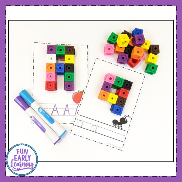 Snap Cube Letters Activity Free Printable. Fun hands-on activity for learning letter identification and writing for kids. Great for preschool, kindergarten, and early childhood. #alphabetactivity #letteridentification #literacycenter #writingcenter #funearlylearning