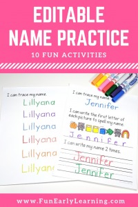 Editable Name Practice Activities for Preschool and Kindergarten. 10 fun name writing worksheets / printables included! Easy to use and edit! #namepractice #nameworksheets #funearlylearning 