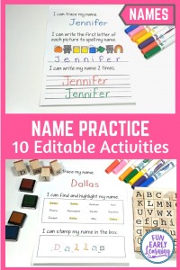 10 Editable Name Practice Activities for Preschool and Kindergarten! Fun writing name practice sheets for children learning to write their name. #nameactivities #funearlylearning